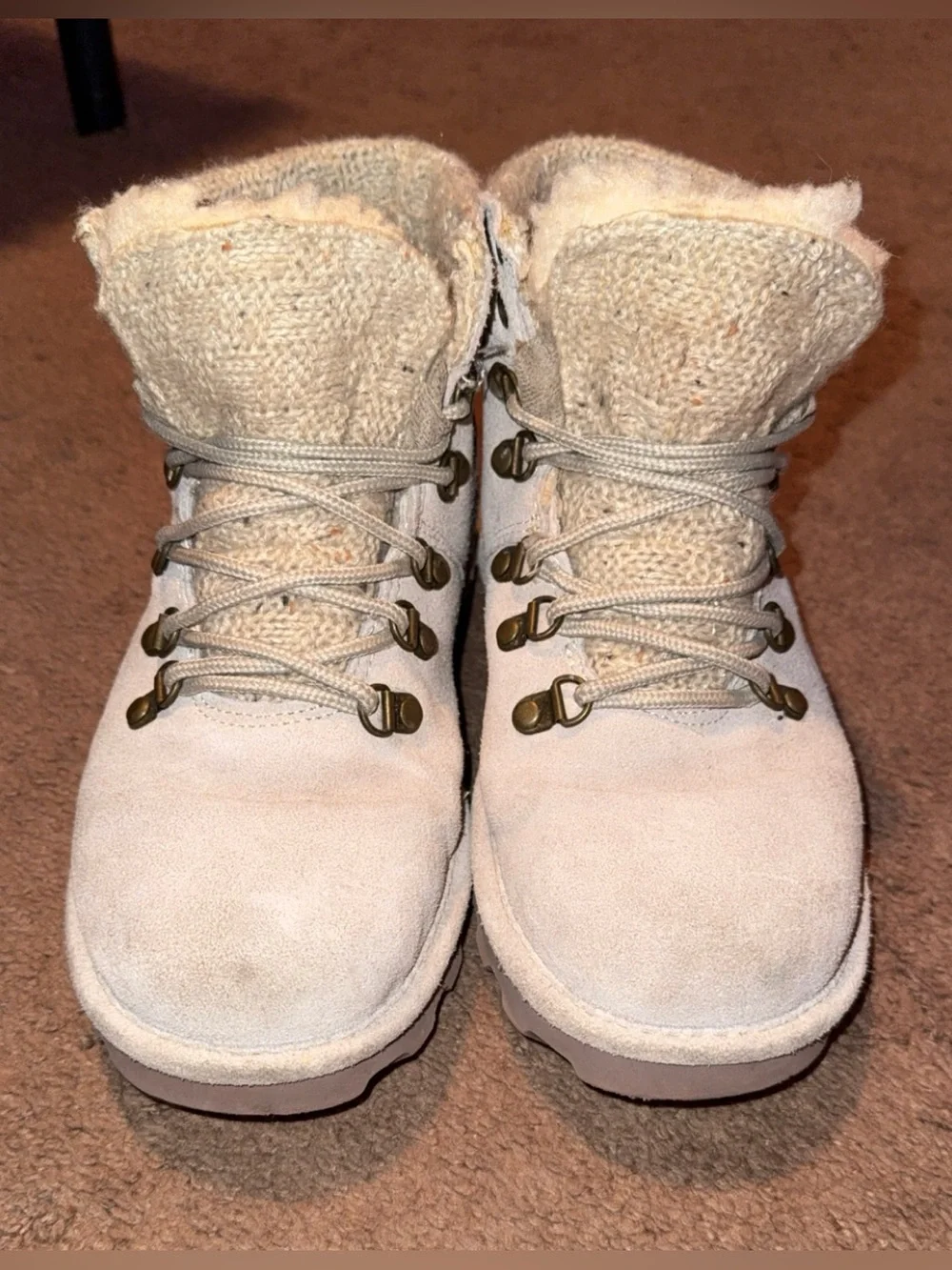 BearPaw Light Beige Suede Lace-Up Winter Boots with Knit Collar